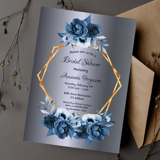 Silver navy Blue florals Gold vrijgezellenfeest Kaart