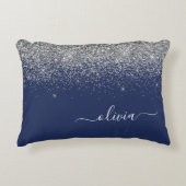 Silver Navy Blue Girly Glitter Sparkle Monogram Accent Kussen (Voorkant)