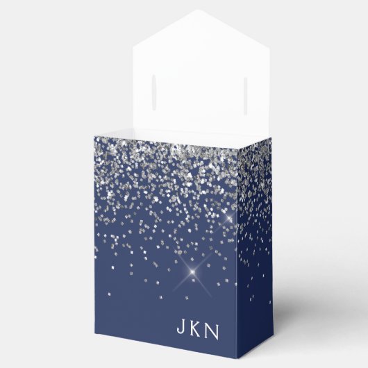 Silver Navy Blue Girly Glitter Sparkle Monogram Bedankdoosjes (Geopend)