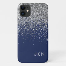 Silver Navy Blue Girly Glitter Sparkle Monogram