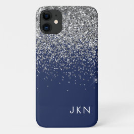 Silver Navy Blue Girly Glitter Sparkle Monogram Case-Mate iPhone Case