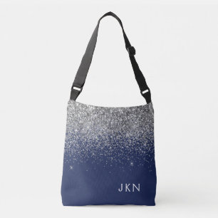 Silver Navy Blue Girly Glitter Sparkle Monogram Crossbody Tas