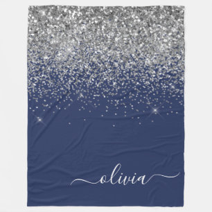 Silver Navy Blue Girly Glitter Sparkle Monogram Fleece Deken