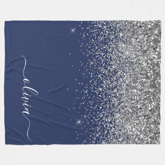 Silver Navy Blue Girly Glitter Sparkle Monogram Fleece Deken (Voorkant (Horizontaal))