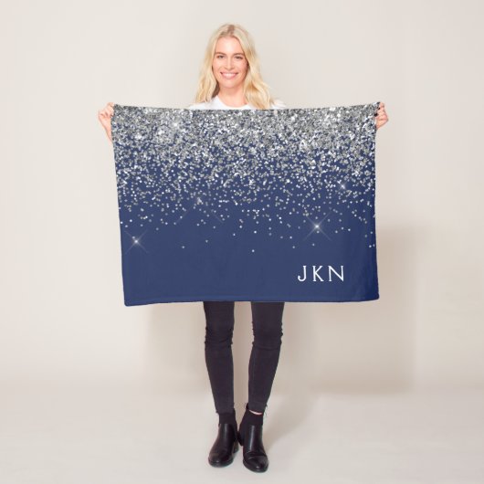 Silver Navy Blue Girly Glitter Sparkle Monogram Fleece Deken (In situ)