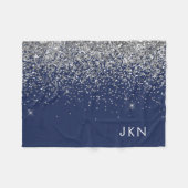 Silver Navy Blue Girly Glitter Sparkle Monogram Fleece Deken (Voorkant (Horizontaal))