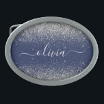 Silver Navy Blue Girly Glitter Sparkle Monogram Gesp<br><div class="desc">Navy Blue en Silver Sparkle Glitter Script Monogram Name Belt Buckle. Dit maakt het perfecte afstuderen,  zoete 16 16,  18,  21,  30,  40,  50,  60,  70,  80,  90,  100 jaar,  bruiloft,  vrijgezellenfeest,  verjaardagsfeest,  baby shower of bachelorette cadeau voor iemand die van glam luxe en stijlvolle stijl houdt.</div>