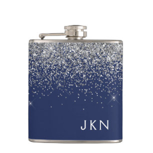 Silver Navy Blue Girly Glitter Sparkle Monogram Heupfles