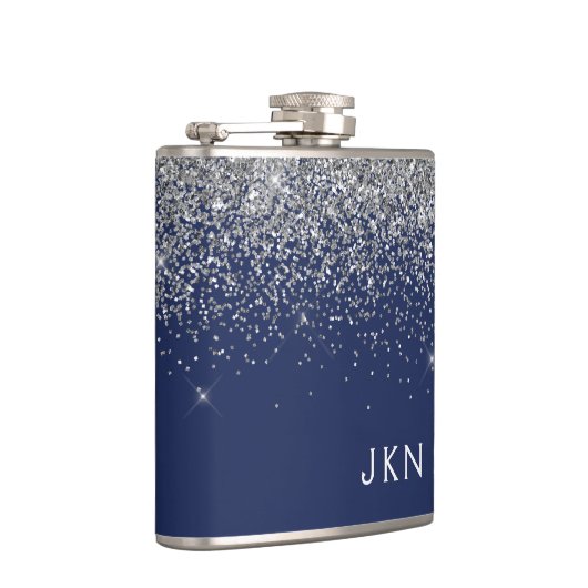 Silver Navy Blue Girly Glitter Sparkle Monogram Heupfles (Rechts)