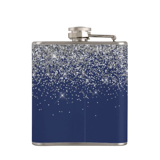 Silver Navy Blue Girly Glitter Sparkle Monogram Heupfles (Achterkant)