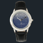 Silver Navy Blue Girly Glitter Sparkle Monogram Horloge<br><div class="desc">Navy Blue en Silver Sparkle Glitter Script Monogram Name Watch. Dit maakt de perfecte liefhebbende 16 verjaardag,  bruiloft,  vrijgezellenfeest,  verjaardagsdag,  baby shower of vrijgezellenfeest voor iemand die van luxe glam en stijl houdt.</div>