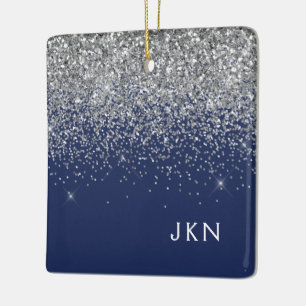Silver Navy Blue Girly Glitter Sparkle Monogram Keramisch Ornament