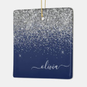 Silver Navy Blue Girly Glitter Sparkle Monogram Keramisch Ornament (Links)