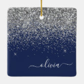 Silver Navy Blue Girly Glitter Sparkle Monogram Keramisch Ornament (Achterkant)