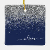 Silver Navy Blue Girly Glitter Sparkle Monogram Keramisch Ornament (Voorkant)