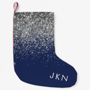 Silver Navy Blue Girly Glitter Sparkle Monogram Kleine Kerstsok