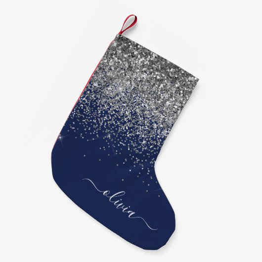Silver Navy Blue Girly Glitter Sparkle Monogram Kleine Kerstsok (Voorkant (Hangend))