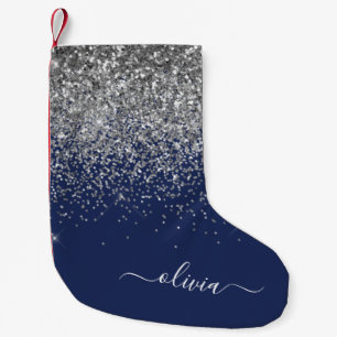 Silver Navy Blue Girly Glitter Sparkle Monogram Kleine Kerstsok