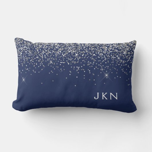 Silver Navy Blue Girly Glitter Sparkle Monogram Kussen (Voorkant)