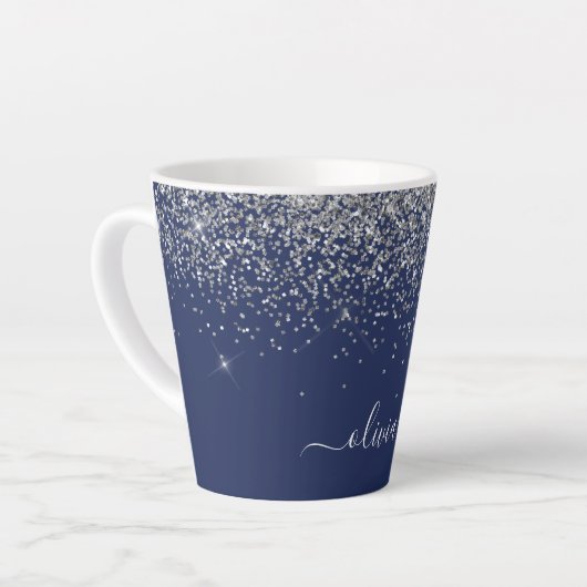 Silver Navy Blue Girly Glitter Sparkle Monogram Latte Mok (Linkerhoek)