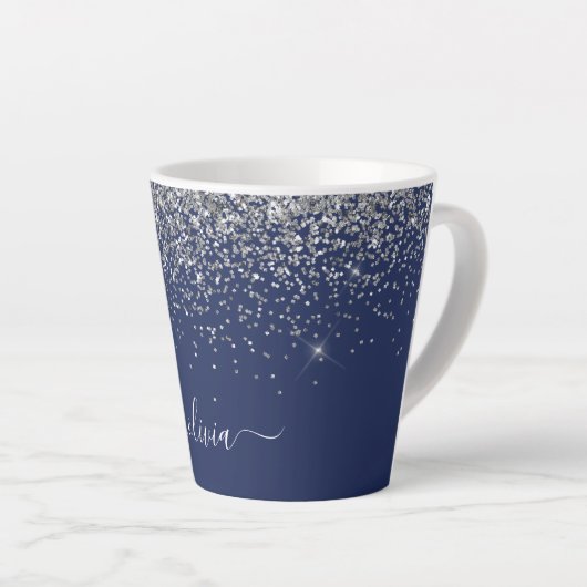 Silver Navy Blue Girly Glitter Sparkle Monogram Latte Mok (Rechterhoek)