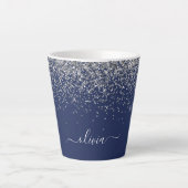 Silver Navy Blue Girly Glitter Sparkle Monogram Latte Mok (Voorkant)