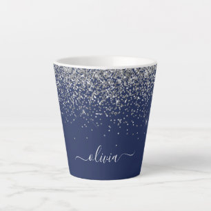 Silver Navy Blue Girly Glitter Sparkle Monogram Latte Mok