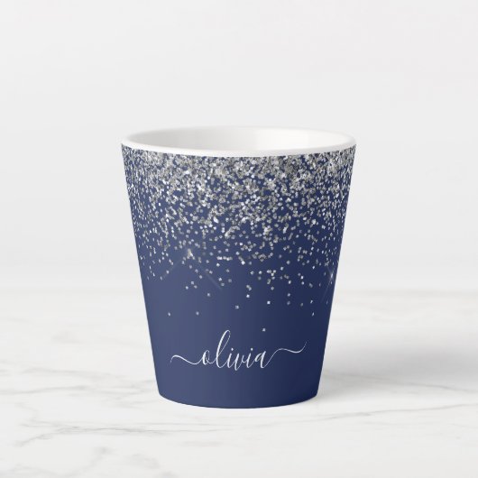Silver Navy Blue Girly Glitter Sparkle Monogram Latte Mok (Voorkant)