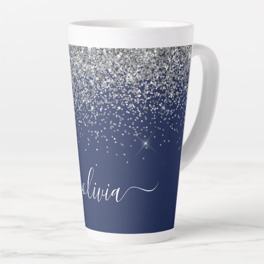 Silver Navy Blue Girly Glitter Sparkle Monogram Latte Mok (Rechterhoek)