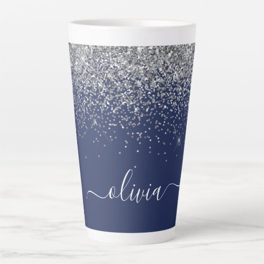 Silver Navy Blue Girly Glitter Sparkle Monogram Latte Mok (Voorkant)