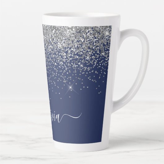 Silver Navy Blue Girly Glitter Sparkle Monogram Latte Mok (Rechts)
