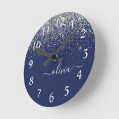 Silver Navy Blue Girly Glitter Sparkle Monogram Ronde Klok (Hoek)
