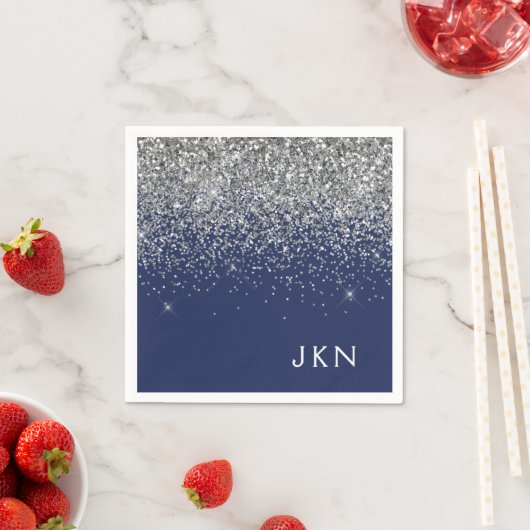 Silver Navy Blue Girly Glitter Sparkle Monogram Servet (Insitu)