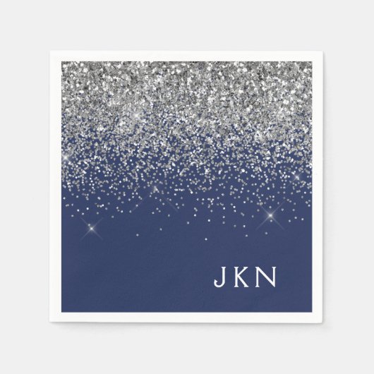 Silver Navy Blue Girly Glitter Sparkle Monogram Servet (Voorkant)