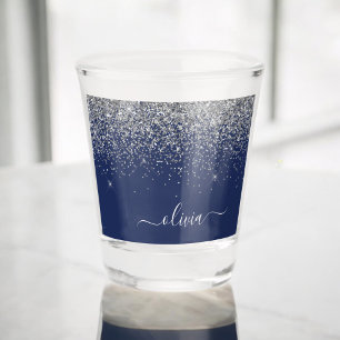 Silver Navy Blue Girly Glitter Sparkle Monogram Shot Glas