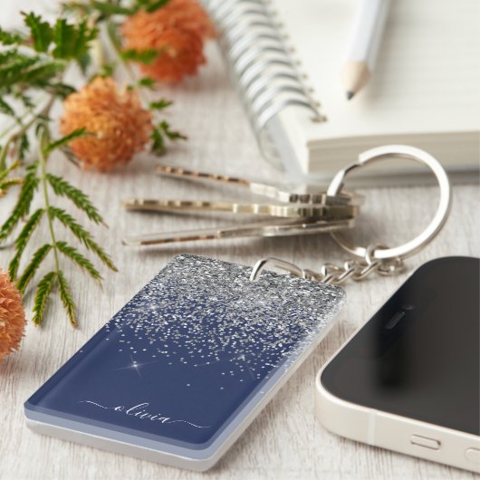 Silver Navy Blue Girly Glitter Sparkle Monogram Sleutelhanger (Voorkant Rechts)