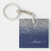 Silver Navy Blue Girly Glitter Sparkle Monogram Sleutelhanger (voorkant)