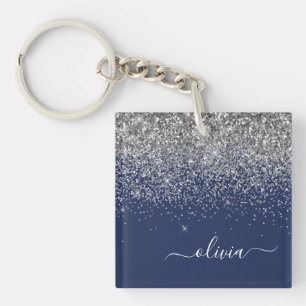 Silver Navy Blue Girly Glitter Sparkle Monogram Sleutelhanger