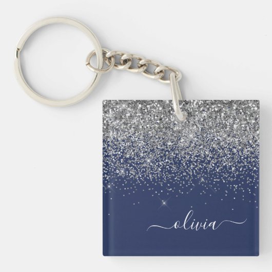 Silver Navy Blue Girly Glitter Sparkle Monogram Sleutelhanger (voorkant)