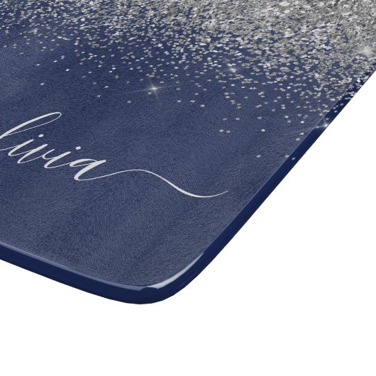 Silver Navy Blue Girly Glitter Sparkle Monogram Snijplank (Hoek)