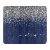 Silver Navy Blue Girly Glitter Sparkle Monogram Snijplank (Voorkant)