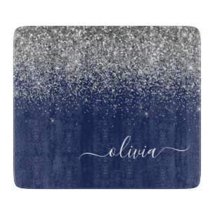 Silver Navy Blue Girly Glitter Sparkle Monogram Snijplank