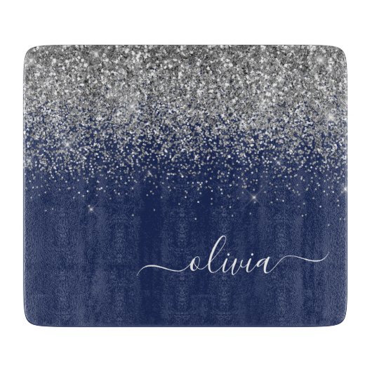 Silver Navy Blue Girly Glitter Sparkle Monogram Snijplank (Voorkant)