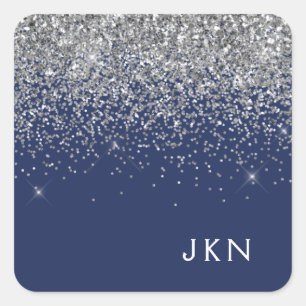 Silver Navy Blue Girly Glitter Sparkle Monogram Vierkante Sticker