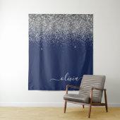 Silver Navy Blue Girly Glitter Sparkle Monogram Wandkleed (In situ)