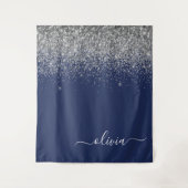 Silver Navy Blue Girly Glitter Sparkle Monogram Wandkleed (Voorkant)