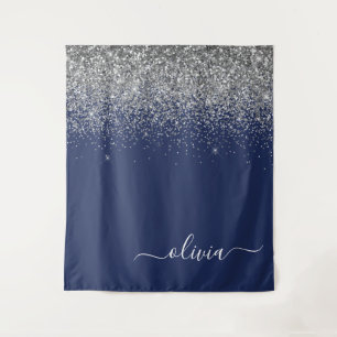 Silver Navy Blue Girly Glitter Sparkle Monogram Wandkleed