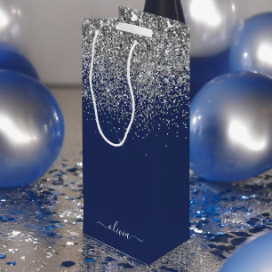 Silver Navy Blue Girly Glitter Sparkle Monogram Wijn Cadeautas