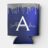 Silver Navy Blue Glitter Brushed Metal Monogram Blikjeskoeler (Voorkant)