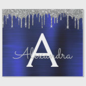 Silver Navy Blue Glitter Brushed Metal Monogram Cadeaupapier (Vlak)